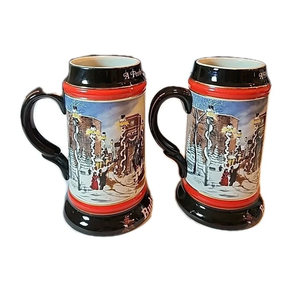 VTG 1992 Set Of 2 Budweiser Beer Christmas Steins Mugs Clydesdale Retro Art Gift